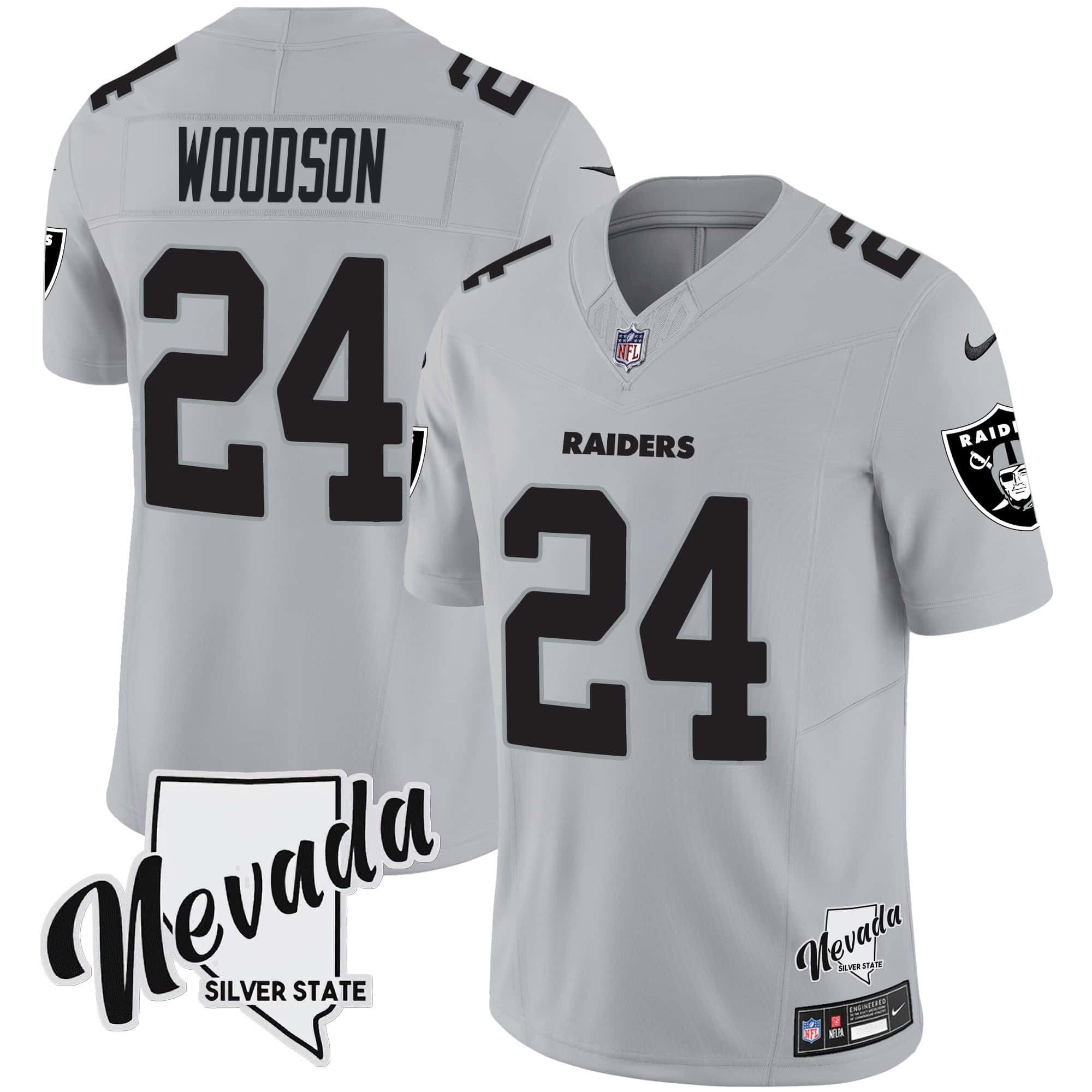 Men Oakland Raiders #24 Woodson Grey 2024 Nike Nevada Silver State Patch Vapor NFL Jersey